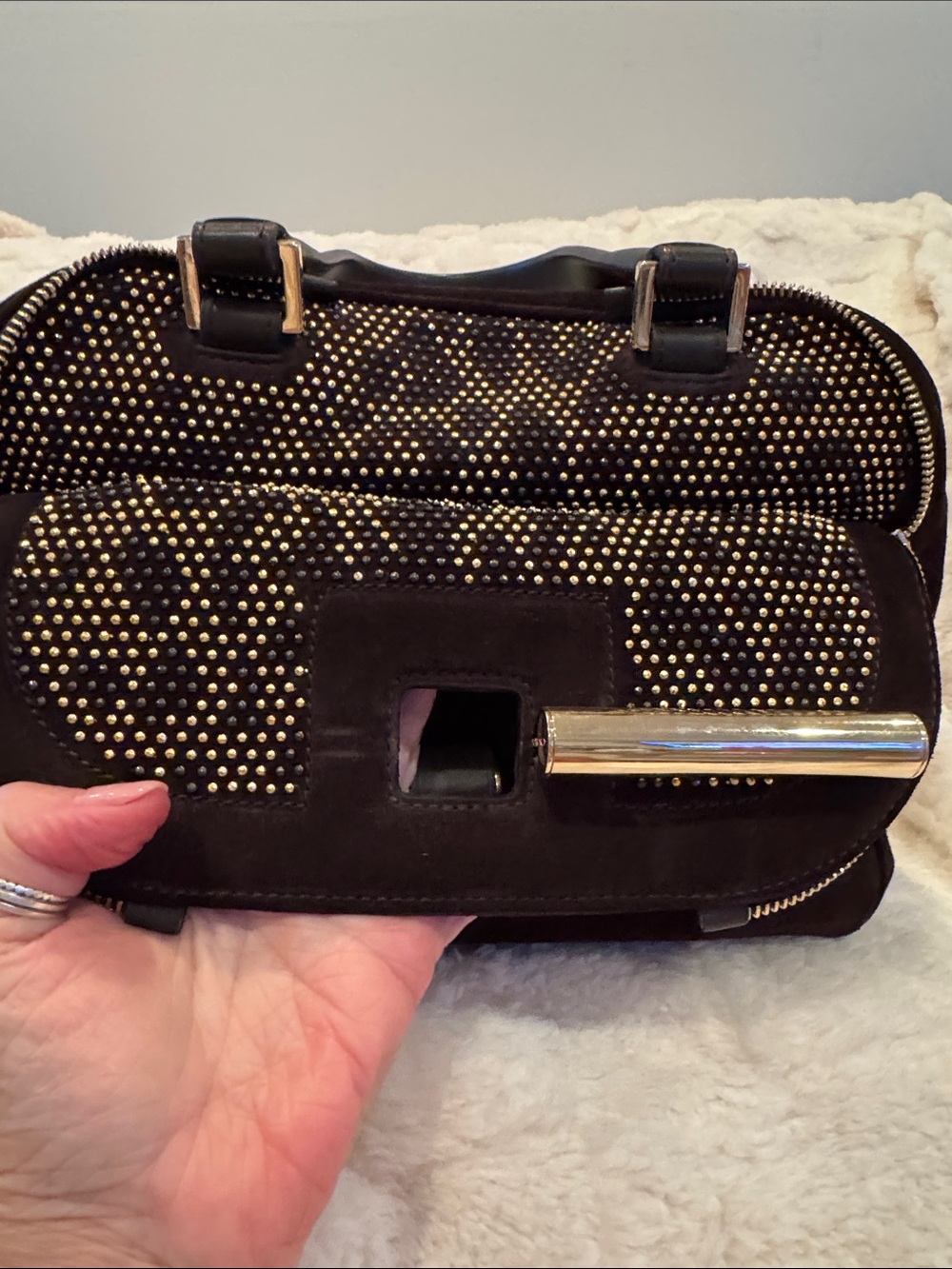 Jimmy Choo Brown Suede Satchel with Gold Stud Detailing - Picture 2 of 12